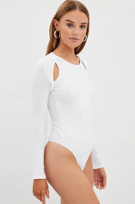 White Bodysuit Long Sleeve Round Neck Cut Out Rib