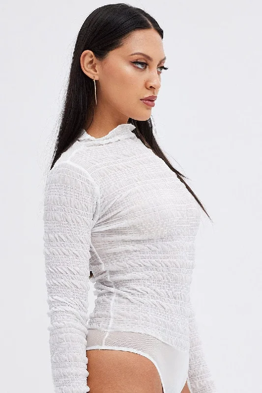 White Sheer Bodysuit Textured Long Sleeve